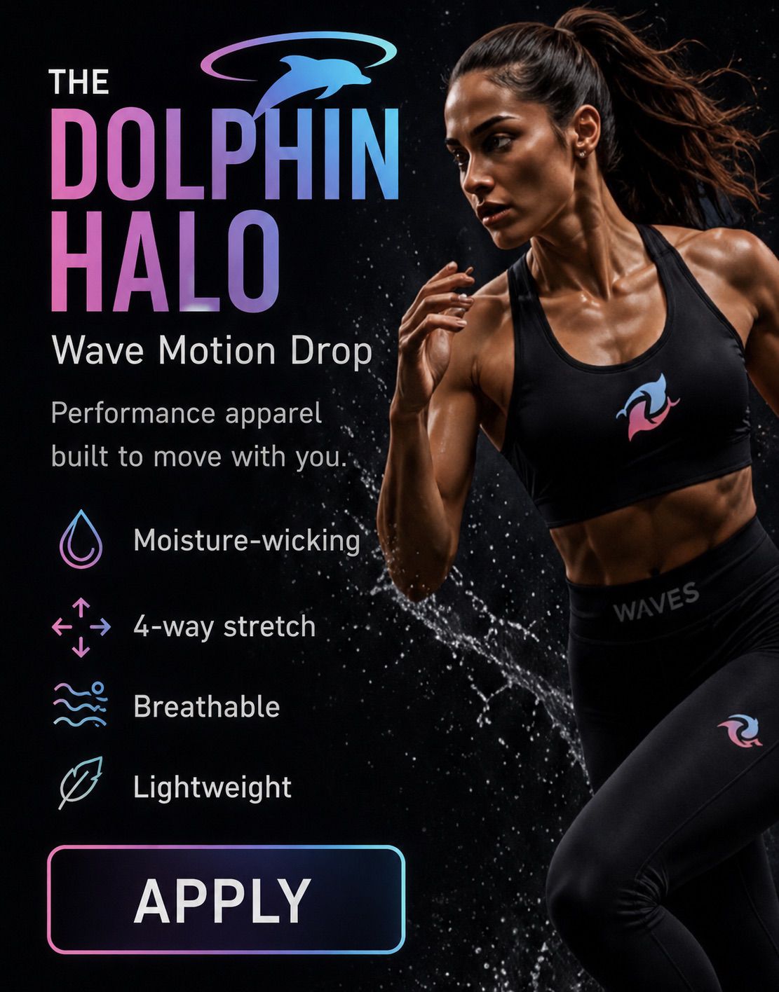 Wave Dolphin Halo Performance Activewear Set Moisture-Wicking Breathable 4-Way Stretch Fitness Apparel