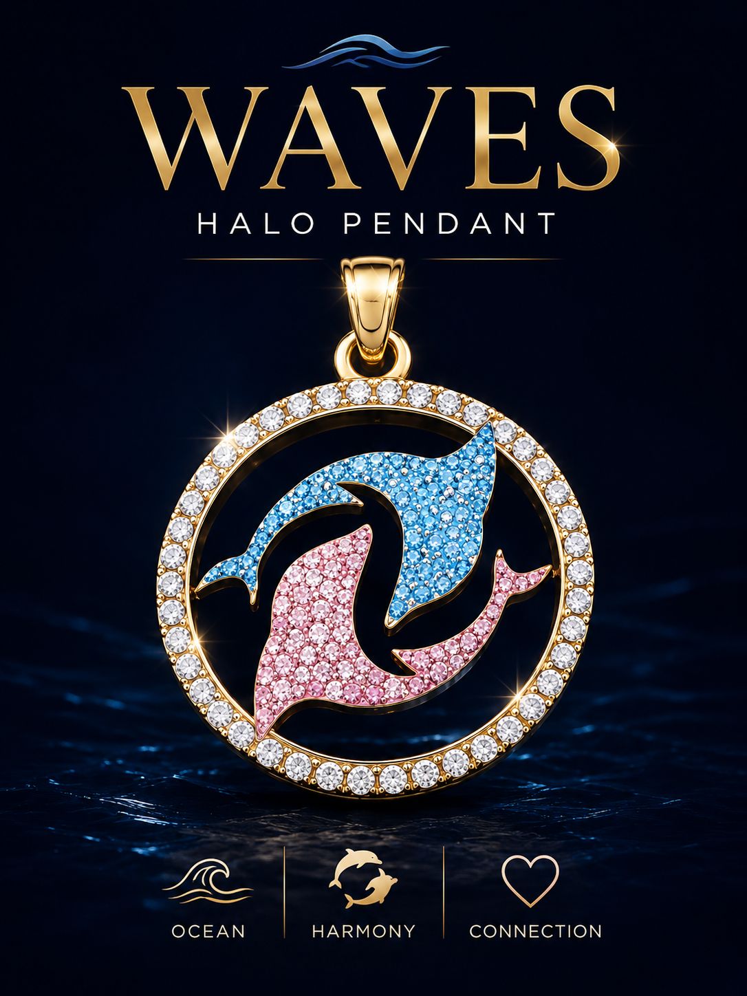 Wave Halo Pendant Necklace – Luxury Crystal Dolphin Ocean Harmony Pendant Jewelry with Gold-Tone Finish
