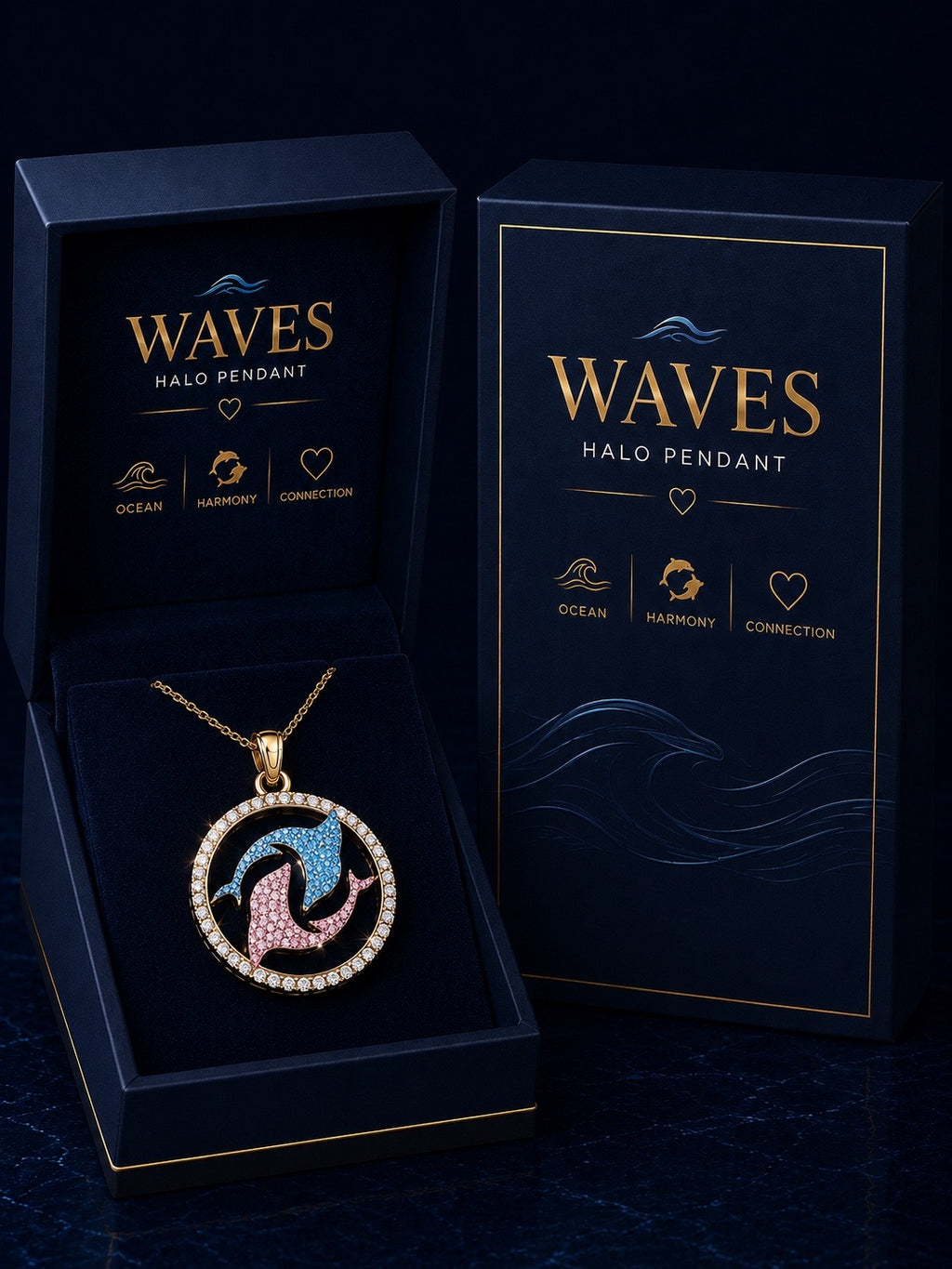 DelfinaSaint Waves Halo Pendant in luxury packaging