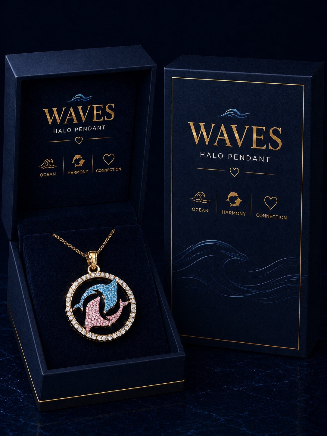 DelfinaSaint Waves Halo Pendant in luxury packaging